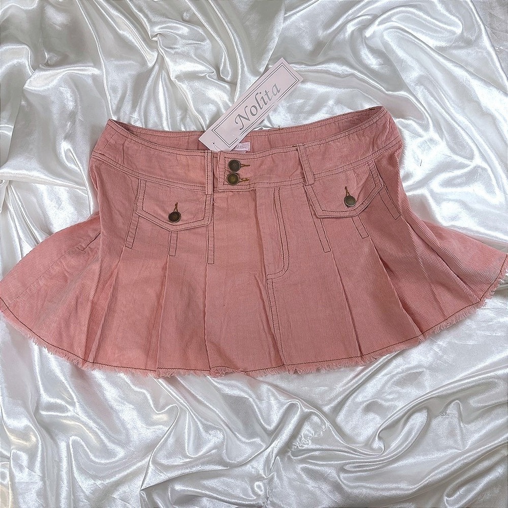 y2k Mini Skirt Pink New Nolita Pleated Corduroy Low Rise Raw Hem Size L